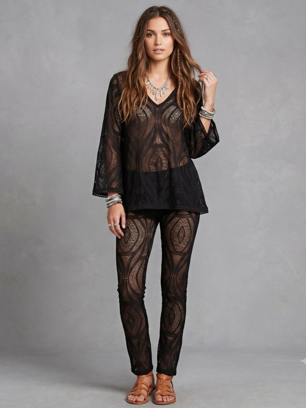 Vertigo Paris XL Black Mesh Lace Pants Whimsy Boho Resortwear Lace - Picture 7 of 13